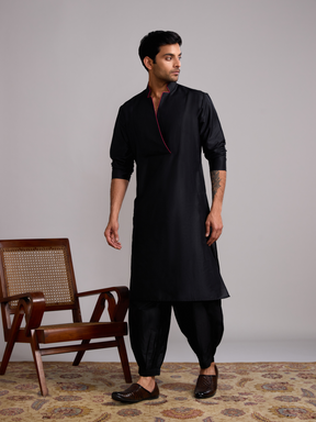 Classic collar straight kurta paired with pathani pants- Rich Black