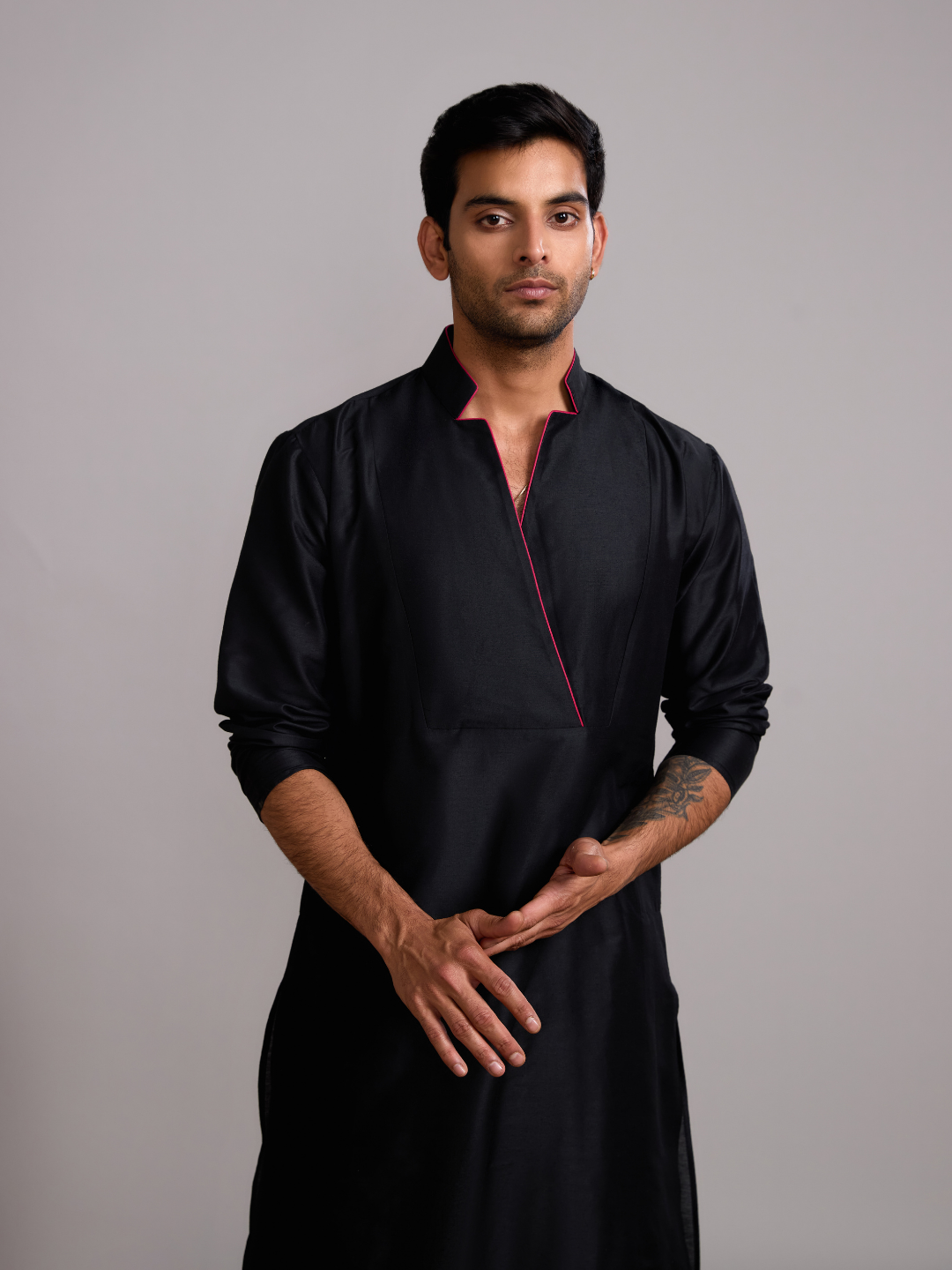 Classic collar straight kurta paired with pathani pants- Rich Black