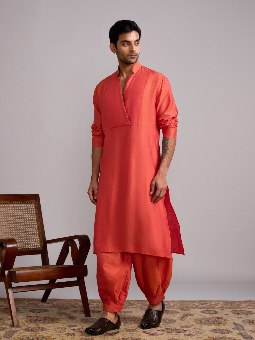 Classic collar straight kurta paired with pathani pants- Spicy orange