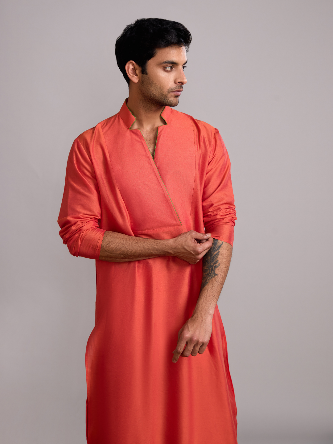 Classic collar straight kurta paired with pathani pants- Spicy orange