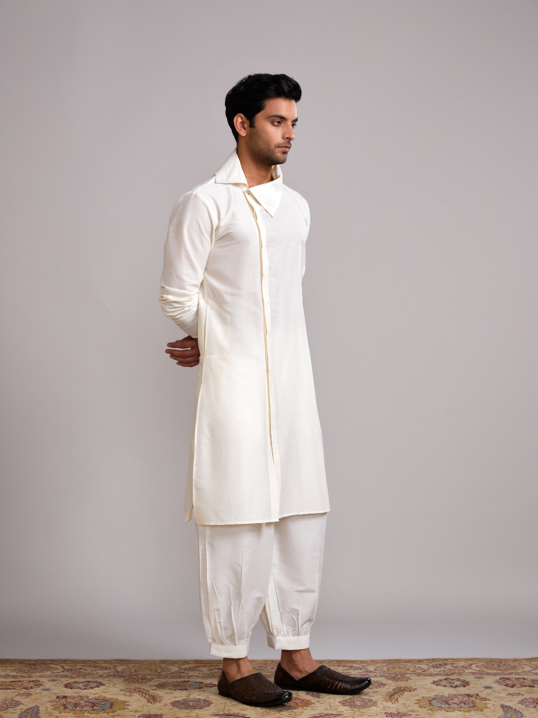 Classic collar straight kurta paired pathani pants- Ivory