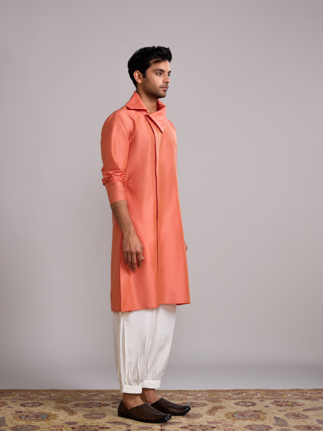 Classic collar straight kurta paired pathani pants- Peach fuzz