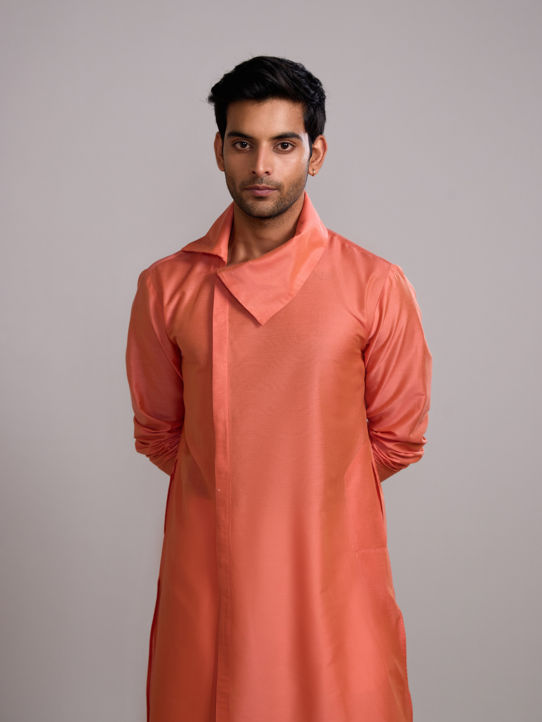 Classic collar straight kurta paired pathani pants- Peach fuzz