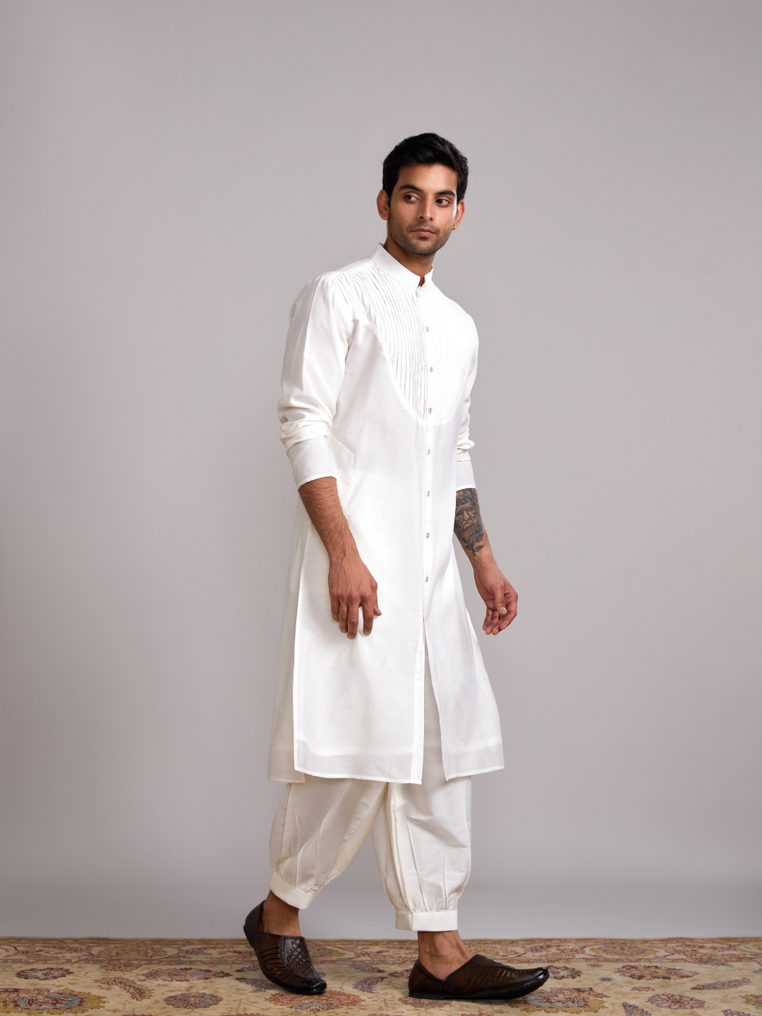 Pintuck neck yoke straight kurta paired with pathani pants- Ivory