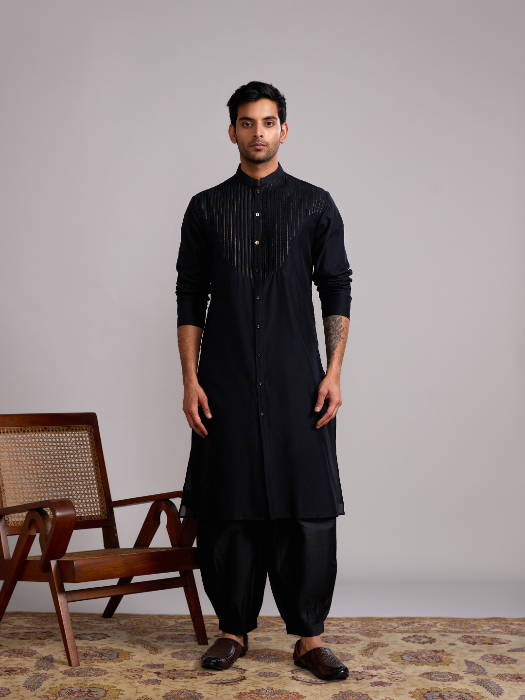 Pintuck neck yoke straight kurta paired with pathani pants- Rich black