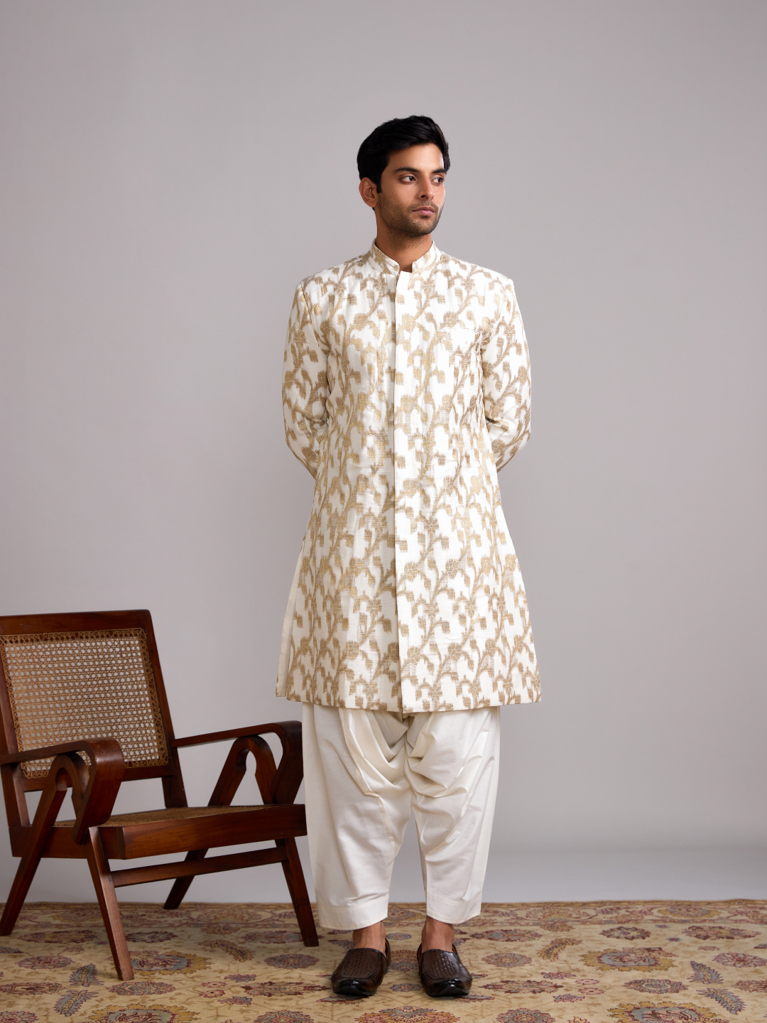 Banarasi Baswada Mandarin collar kurta paired with salwar- Ivory