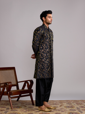 Banarasi Baswada Mandarin collar kurta paired with salwar- Rich black