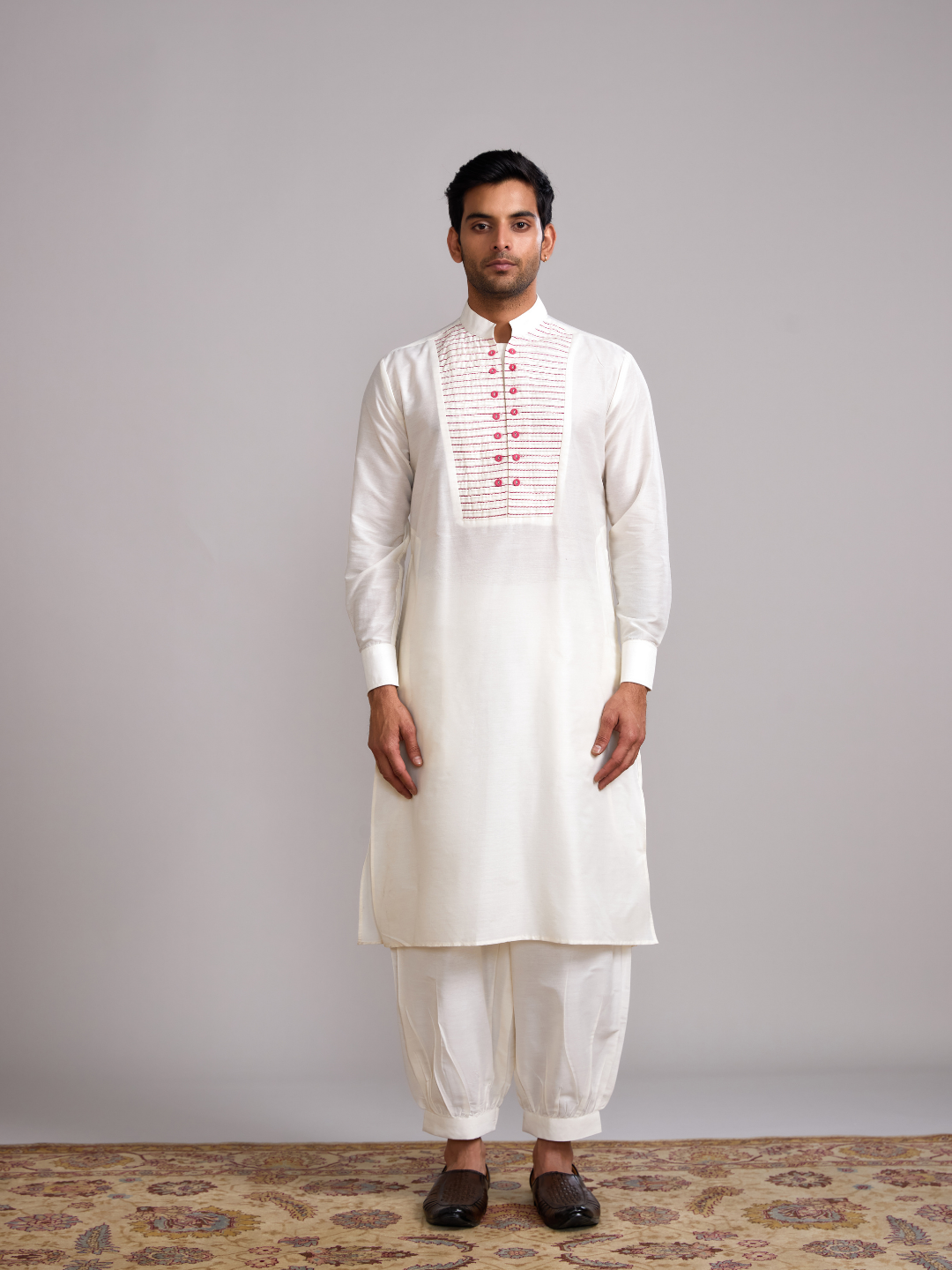 Pintuck yoke straight kurta paired with pathani pants- Ivory