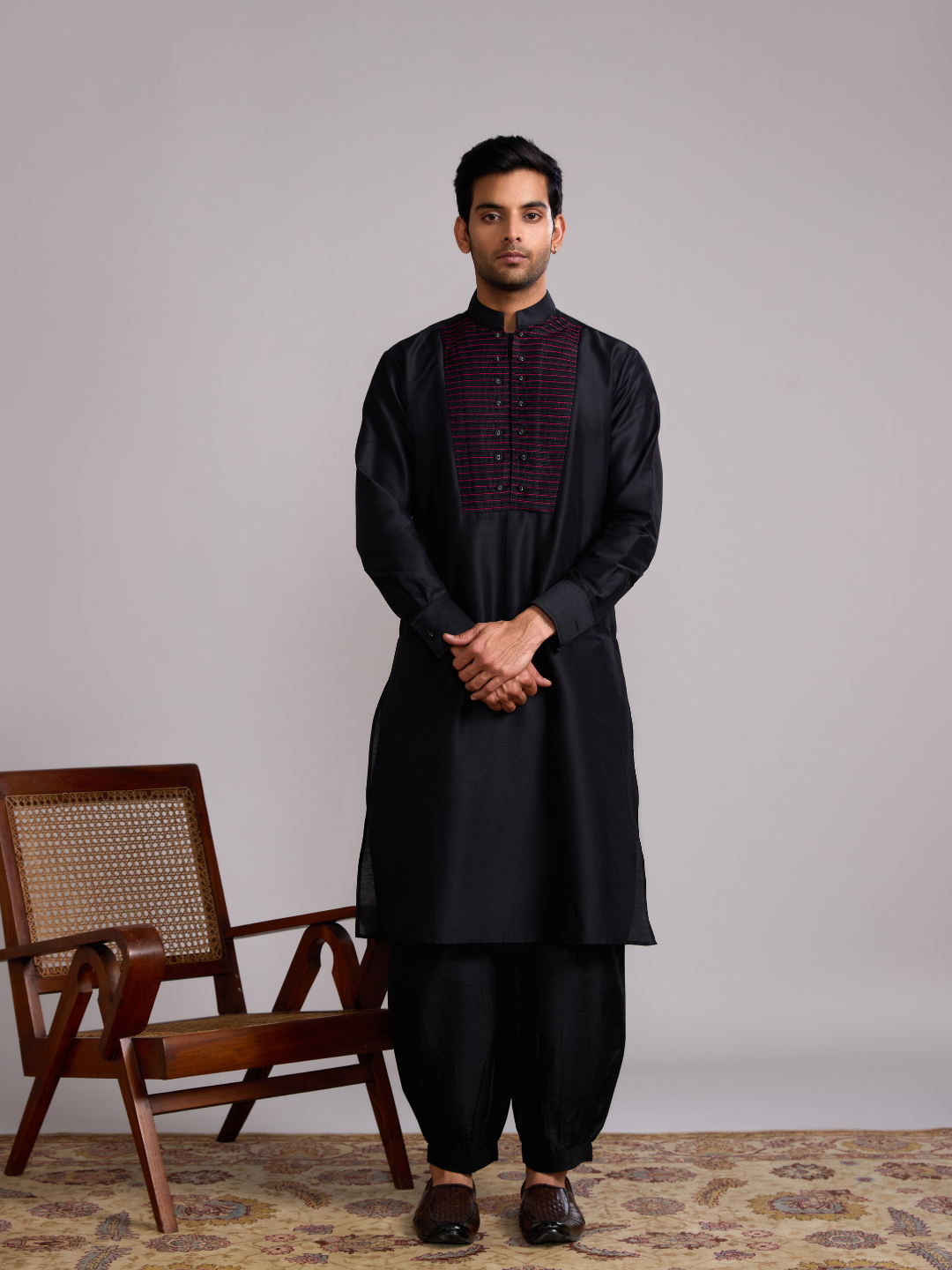 Pintuck yoke straight kurta paired with pathani pants- Rich black