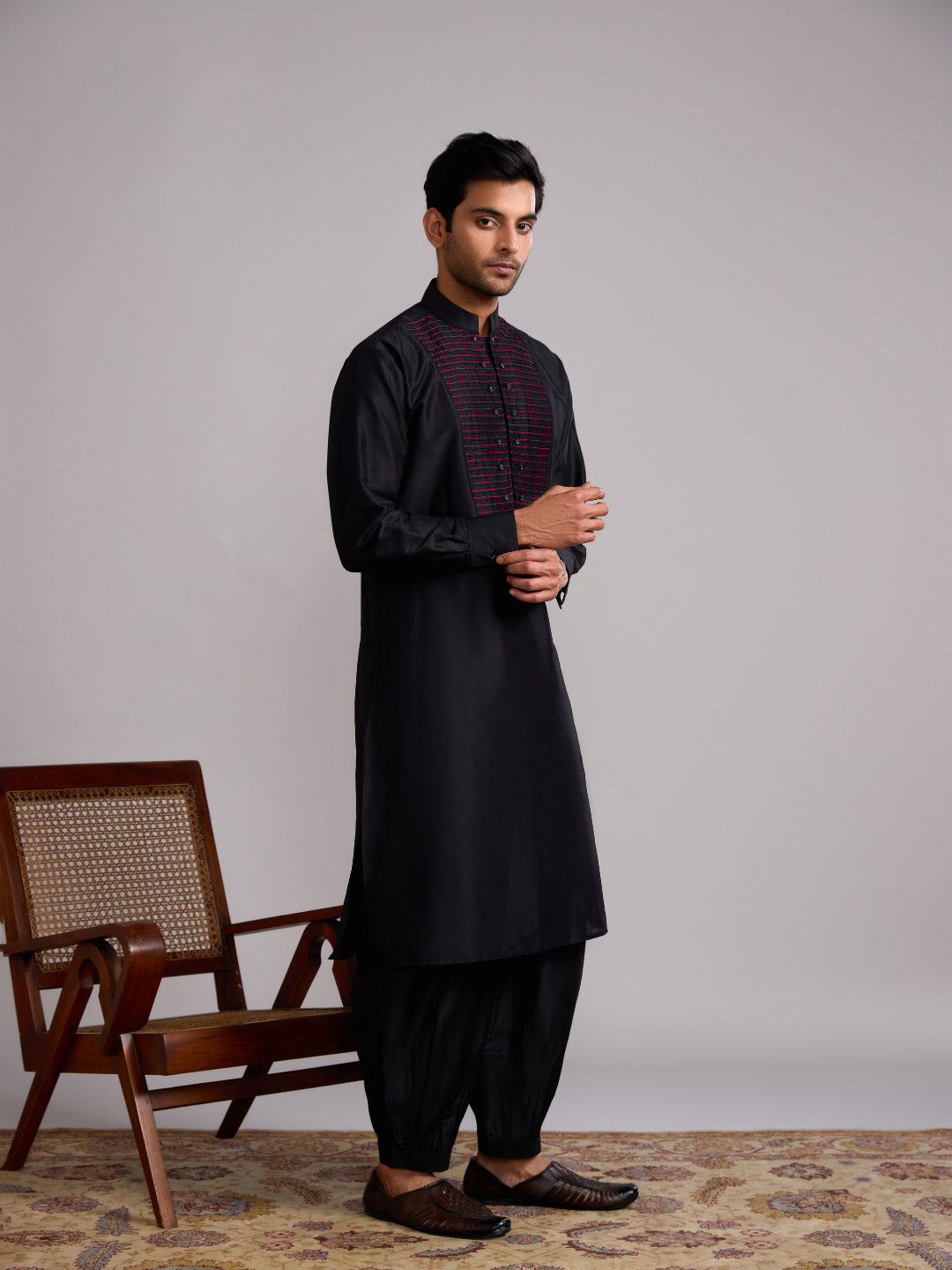 Pintuck yoke straight kurta paired with pathani pants- Rich black