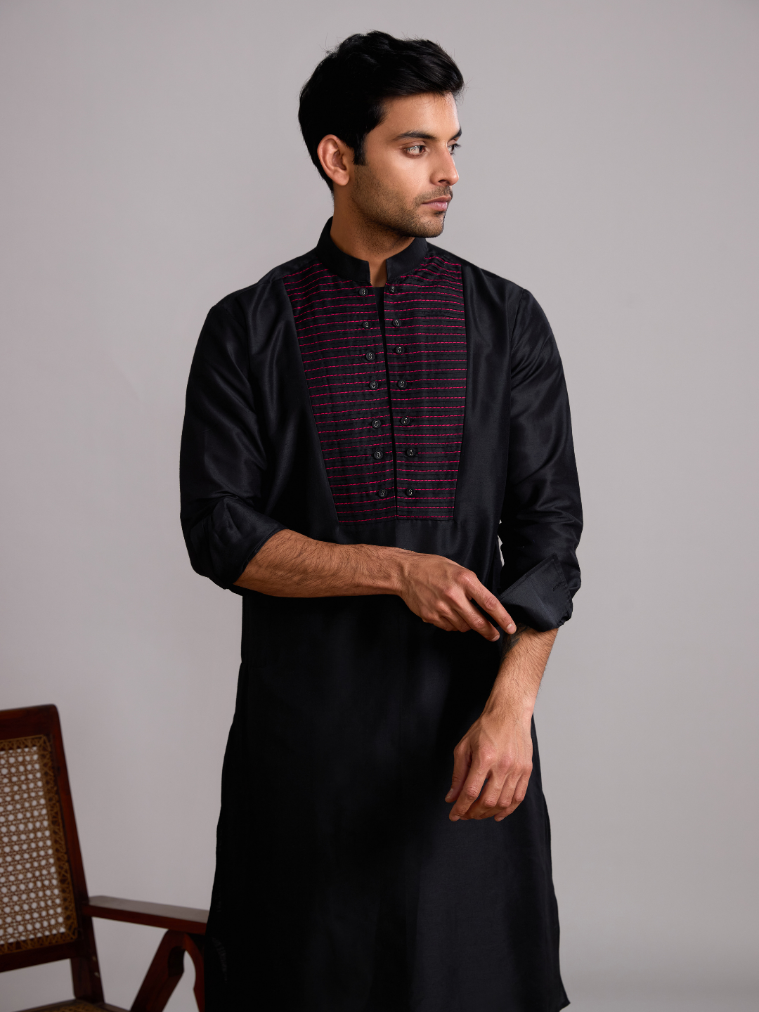 Pintuck yoke straight kurta paired with pathani pants- Rich black