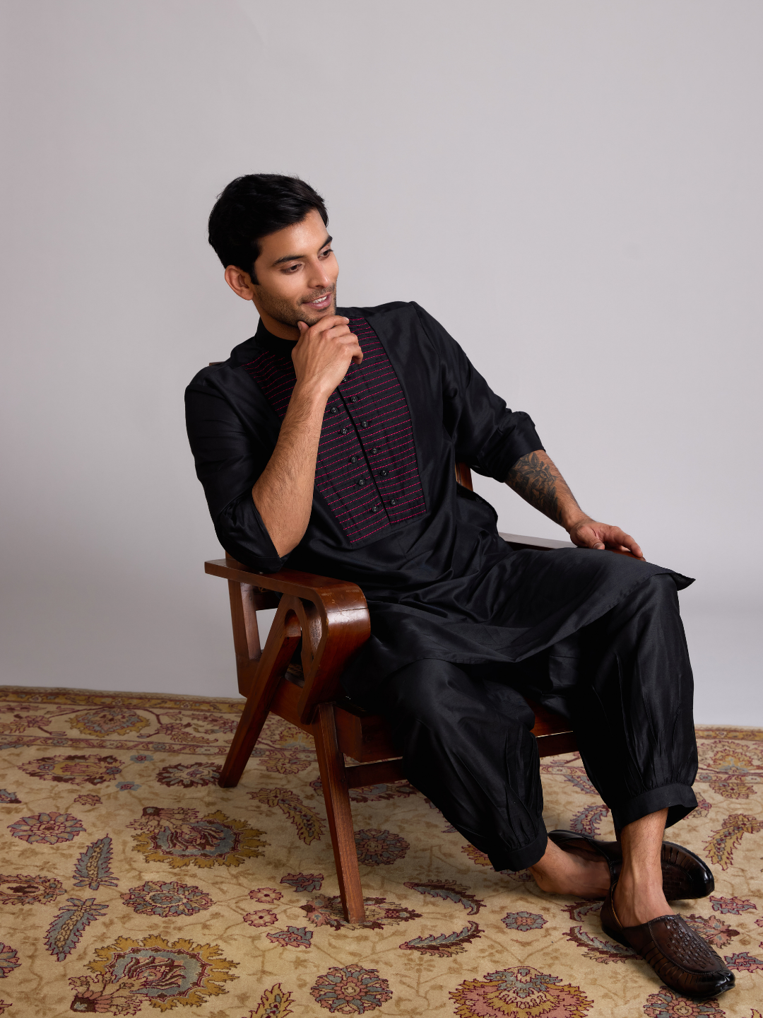 Pintuck yoke straight kurta paired with pathani pants- Rich black