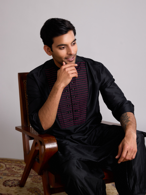 Pintuck yoke straight kurta paired with pathani pants- Rich black