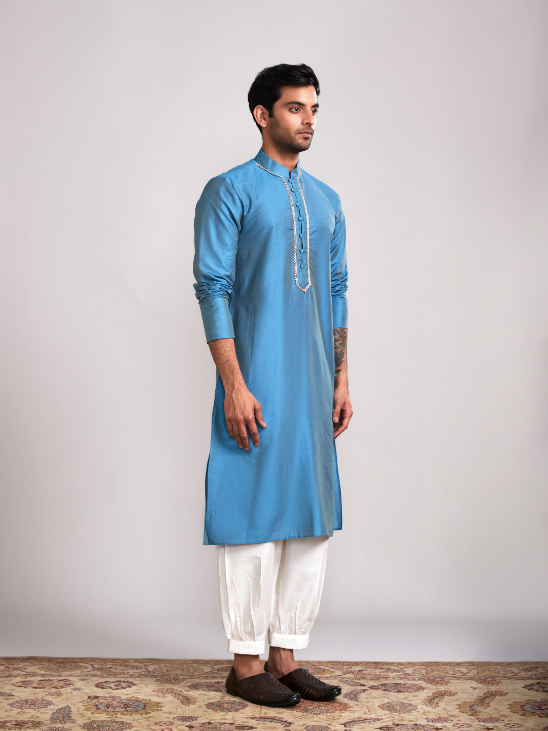 Button loops closure straight kurta paired with pathani pants- Blue moon