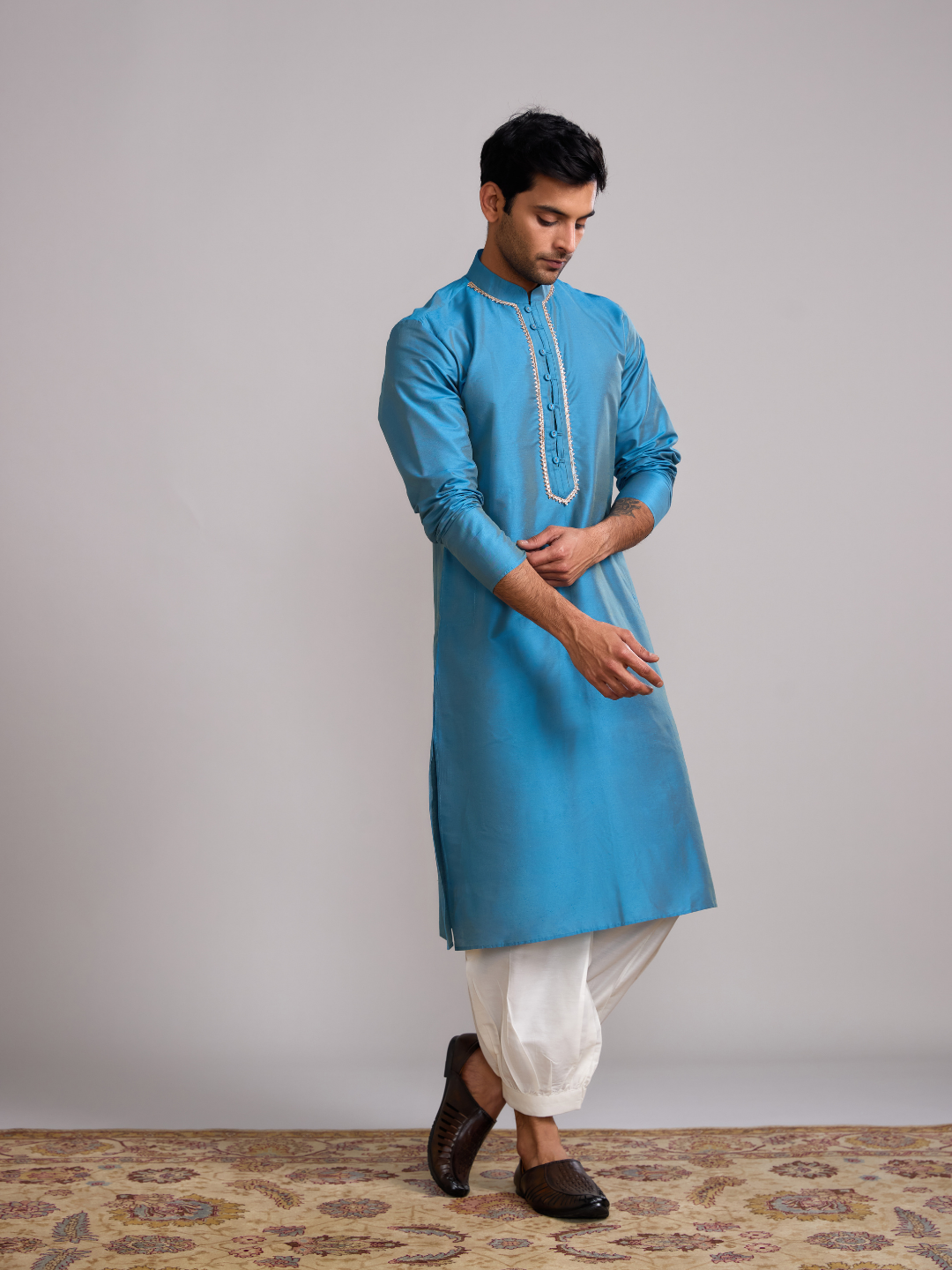 Button loops closure straight kurta paired with pathani pants- Blue moon