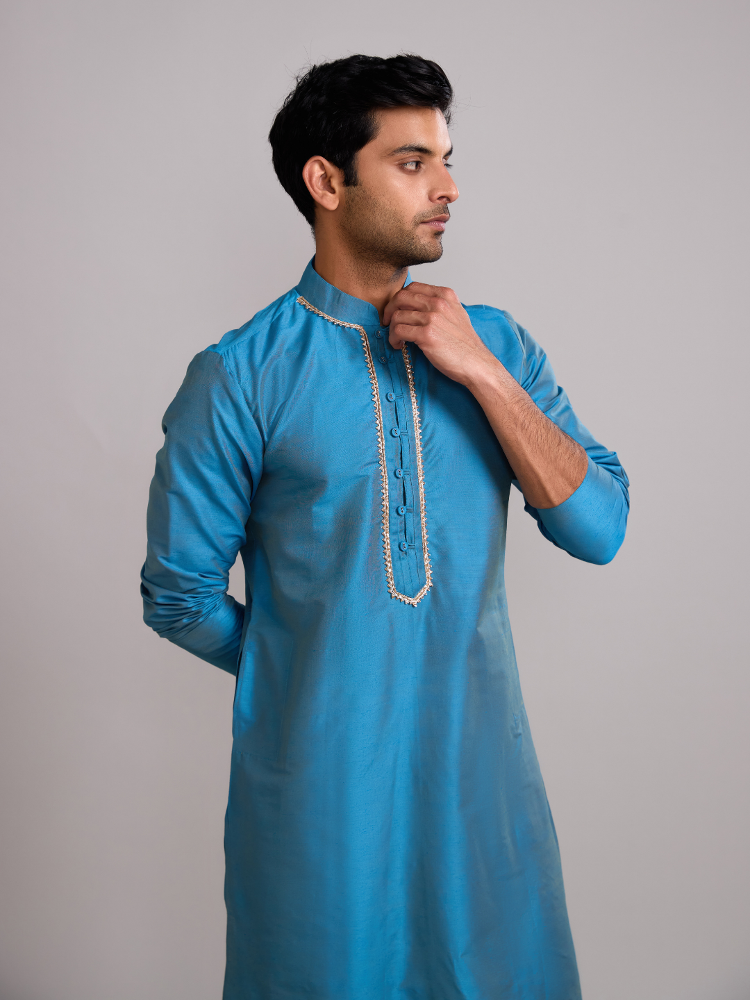 Button loops closure straight kurta paired with pathani pants- Blue moon