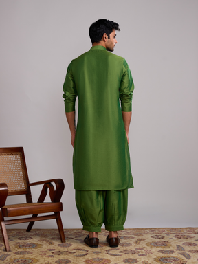 Button loops closure straight kurta paired with pathani pants- Pepper green