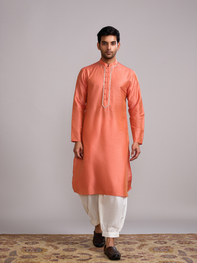 Button loops closure straight kurta paired with pathani pants- Peach fuzz