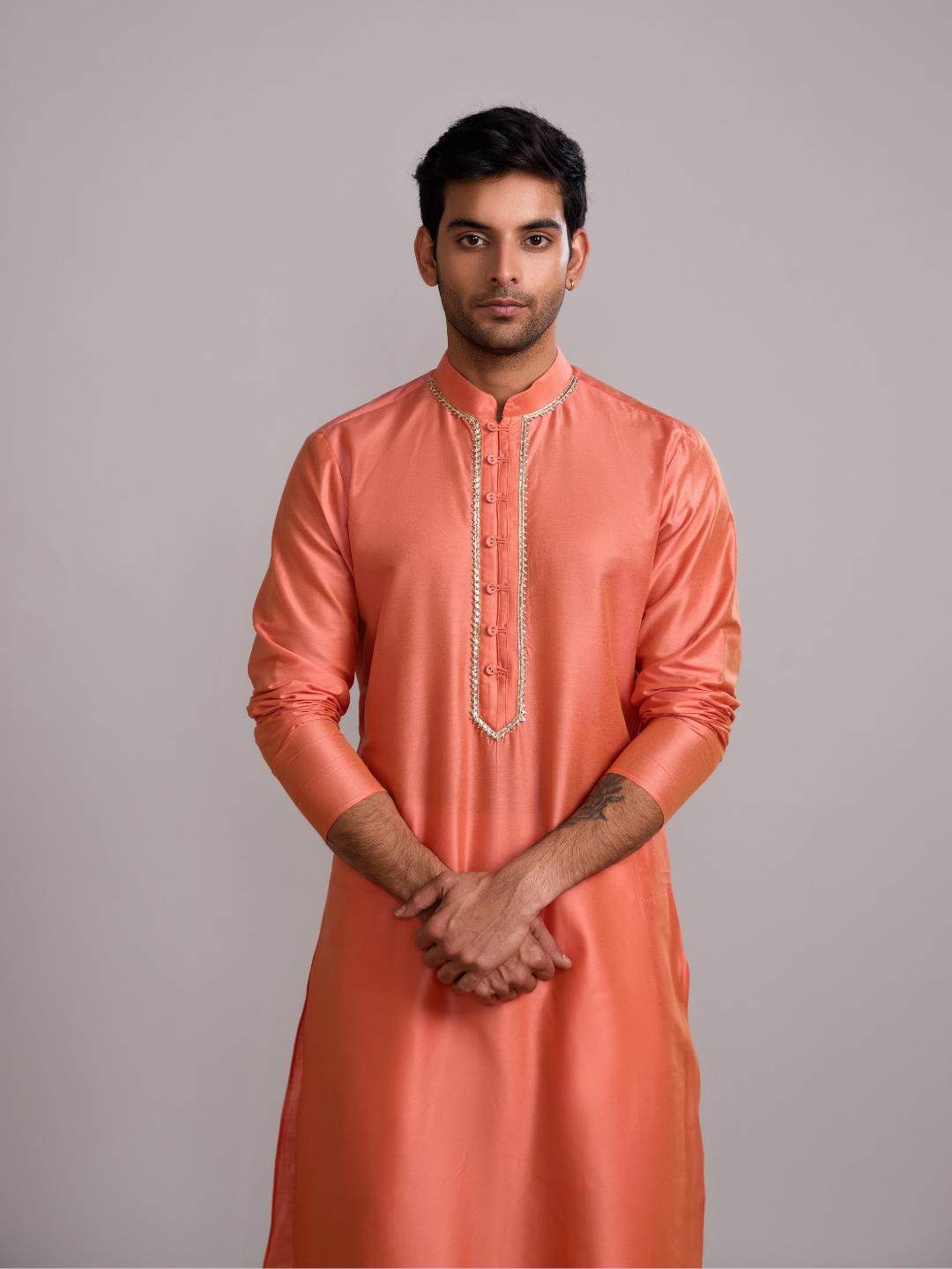 Button loops closure straight kurta paired with pathani pants- Peach fuzz