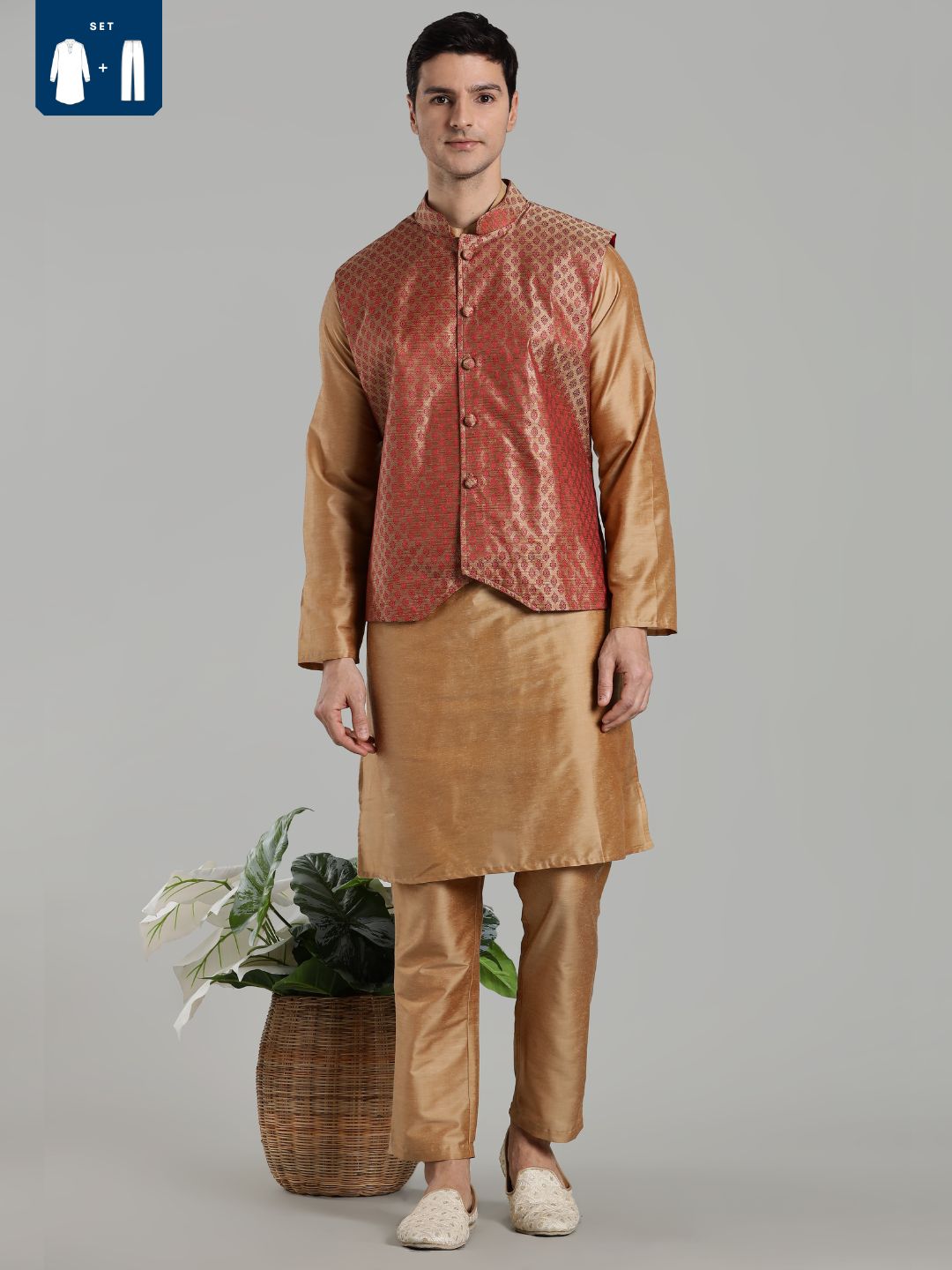 Beige Kurta Pant with Red Woven Design Bandi Set