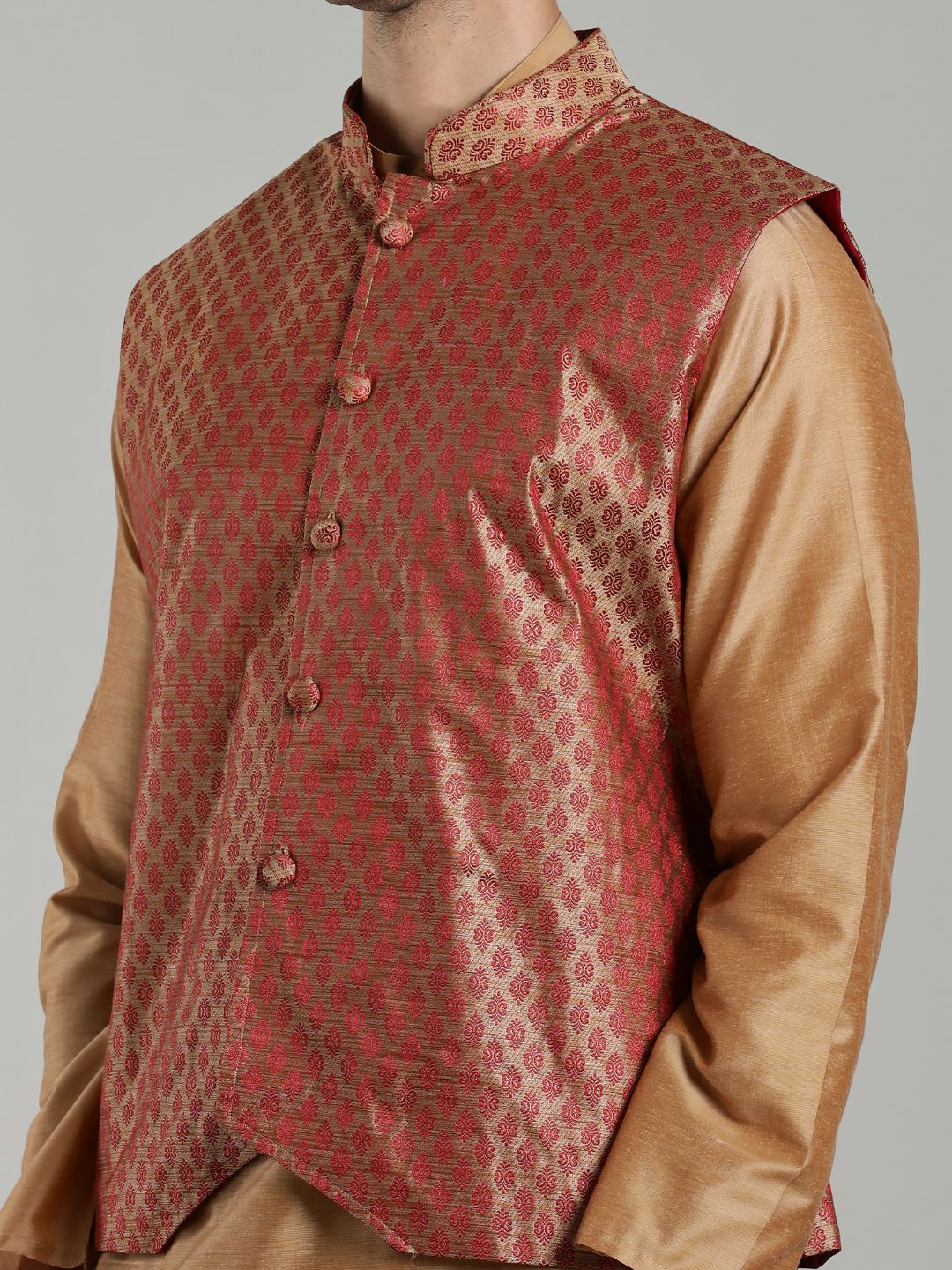 Beige Kurta Pant with Red Woven Design Bandi Set