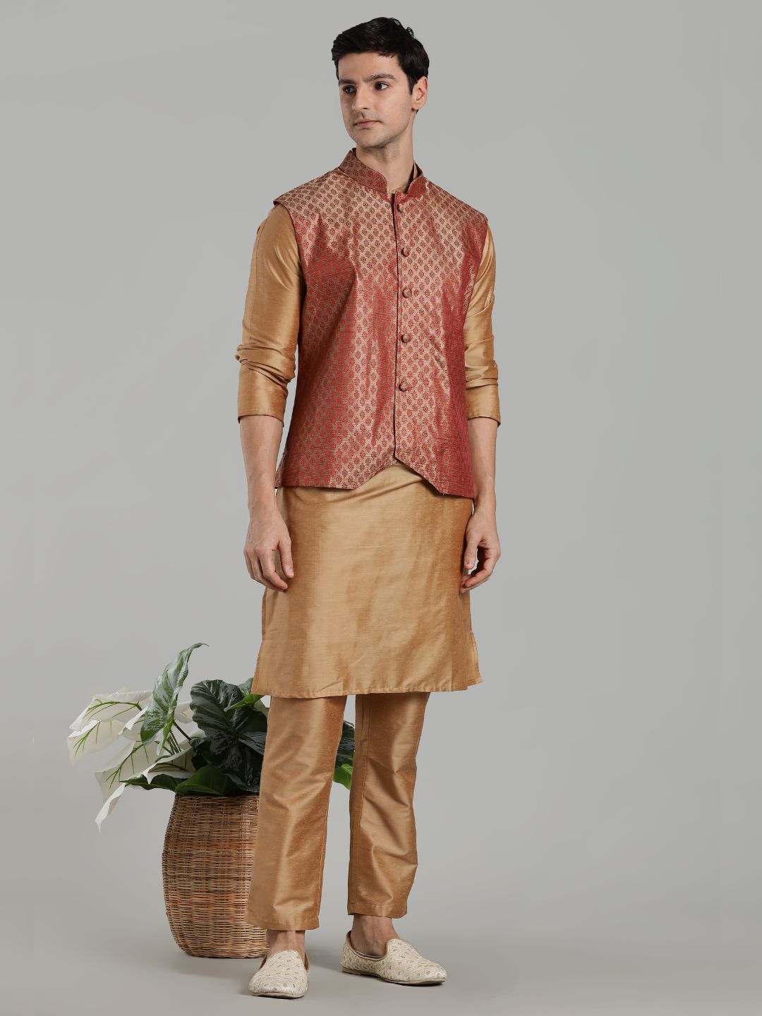 Beige Kurta Pant with Red Woven Design Bandi Set