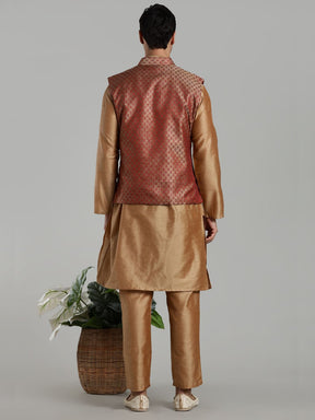 Beige Kurta Pant with Red Woven Design Bandi Set