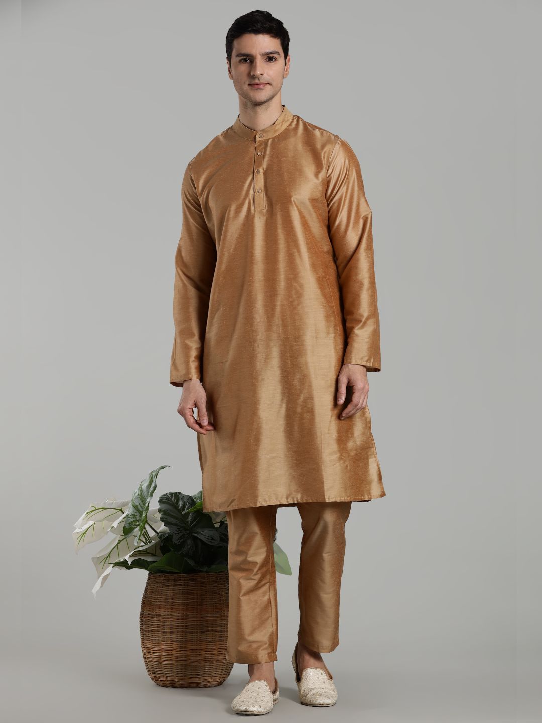Beige Kurta Pant with Red Woven Design Bandi Set