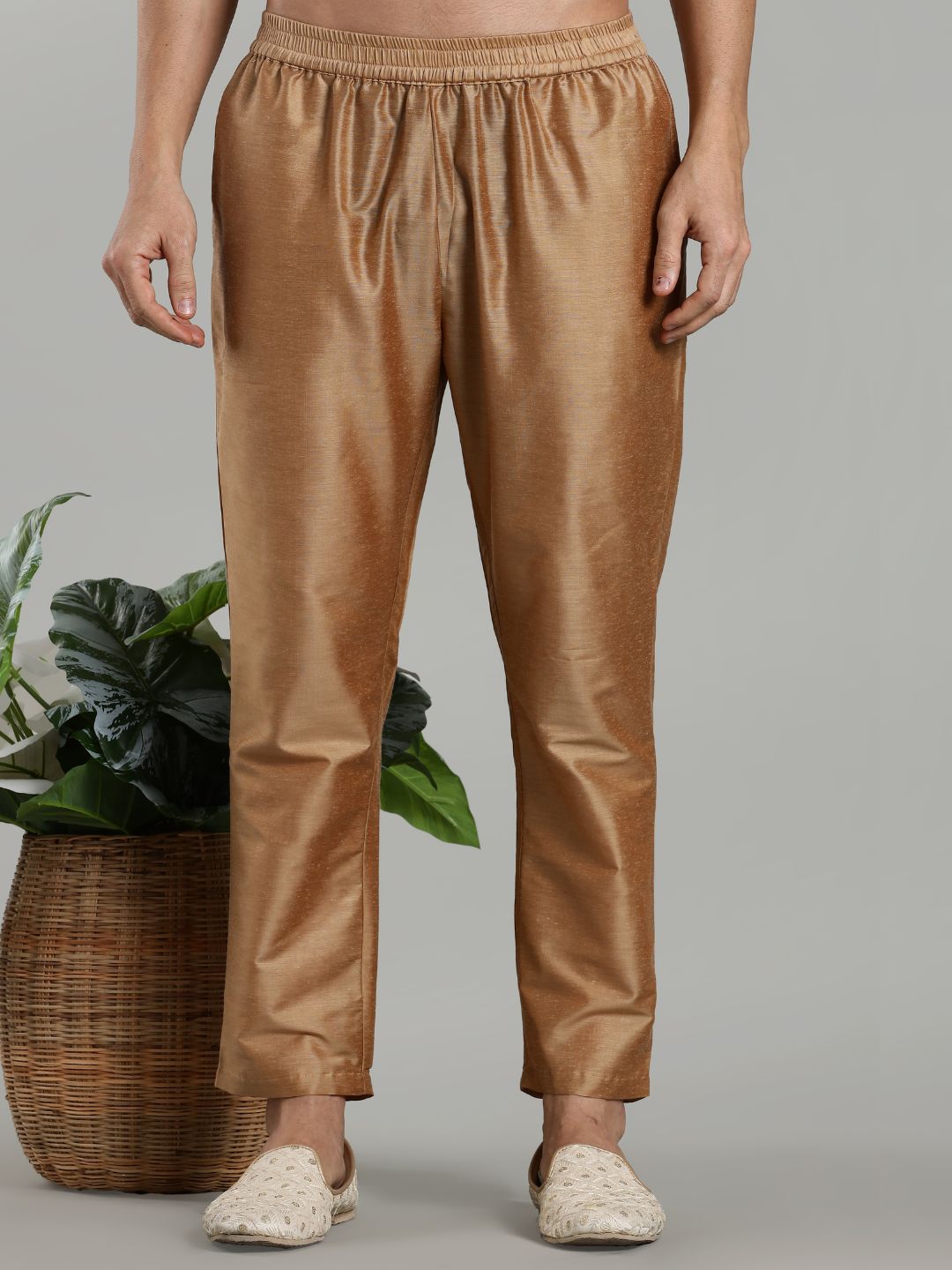 Beige Kurta Pant with Red Woven Design Bandi Set