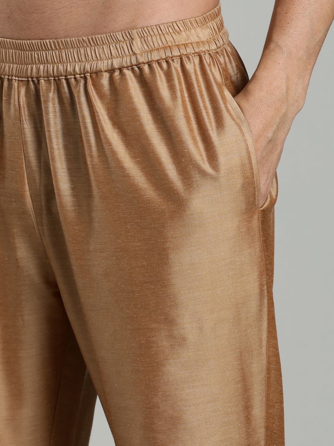 Beige Kurta Pant with Red Woven Design Bandi Set