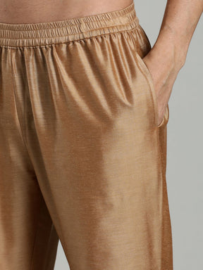 Beige Kurta Pant with Red Woven Design Bandi Set