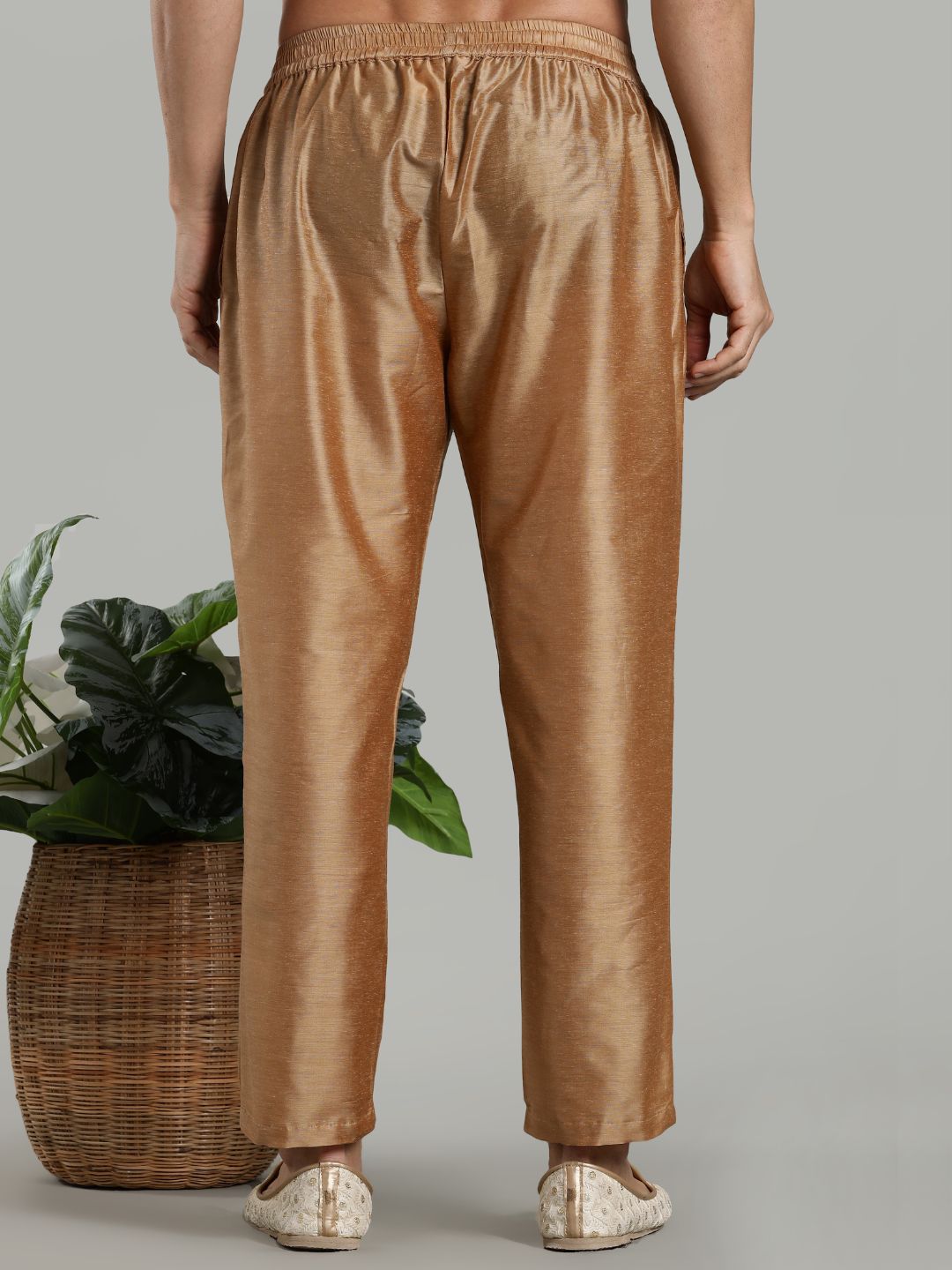 Beige Kurta Pant with Red Woven Design Bandi Set