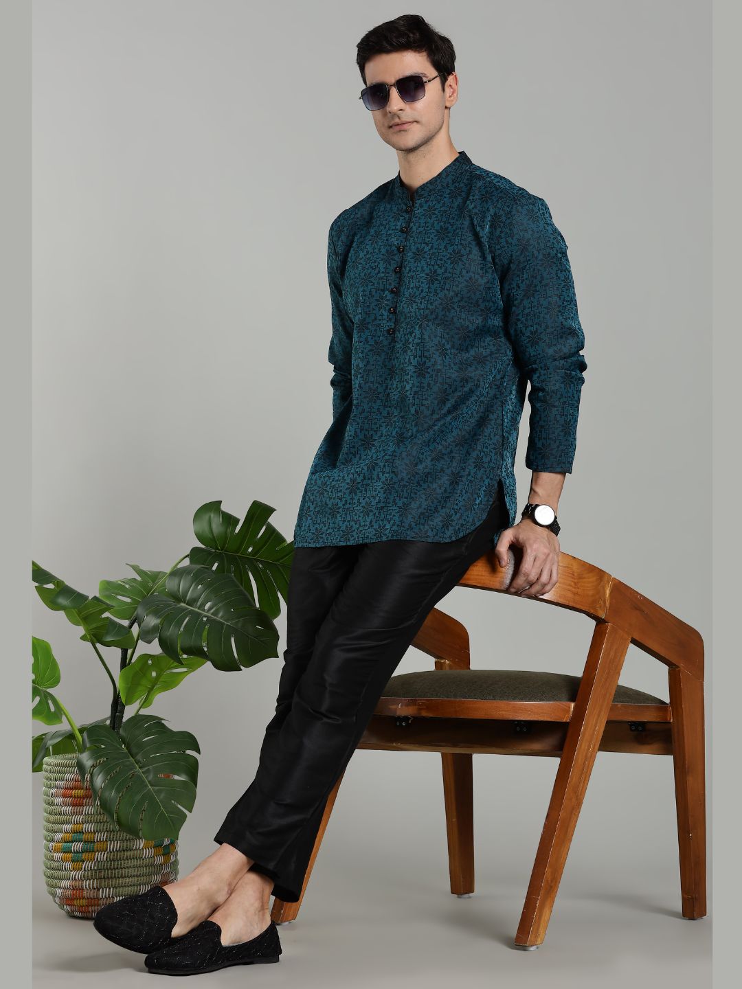 Teal Jacquard Short Kurta Pant set