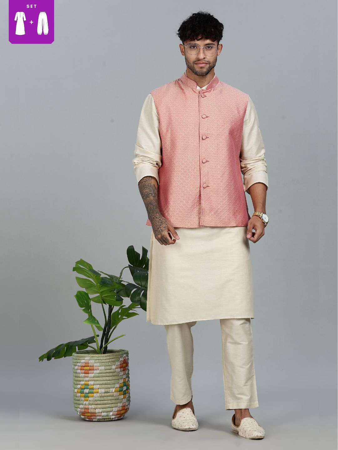 Beige Kurta Pant with pink Woven Design  Bandi Set