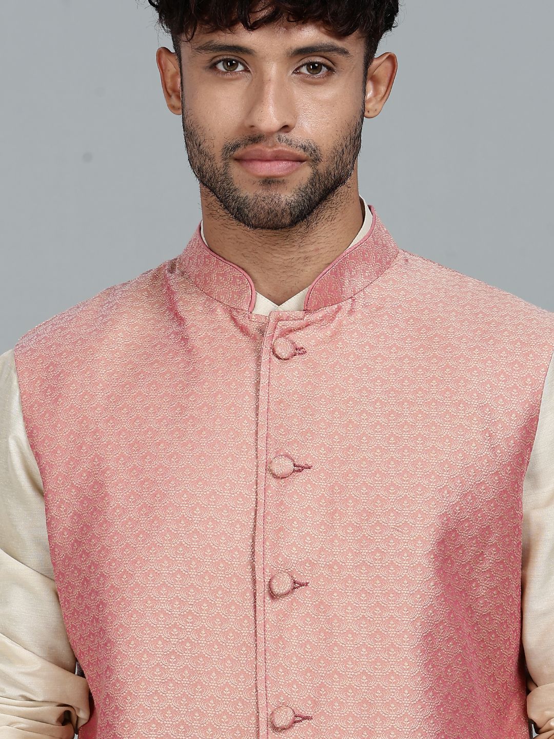 Beige Kurta Pant with pink Woven Design  Bandi Set