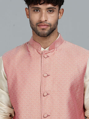 Beige Kurta Pant with pink Woven Design  Bandi Set