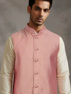 Beige Kurta Pant with pink Woven Design  Bandi Set