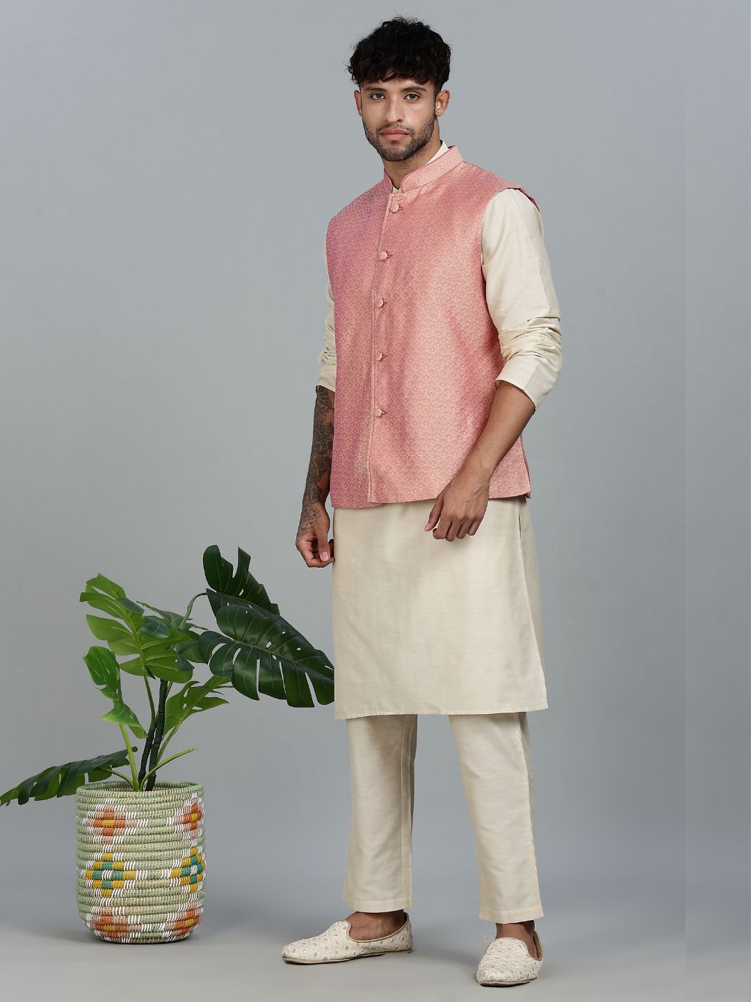 Beige Kurta Pant with pink Woven Design  Bandi Set