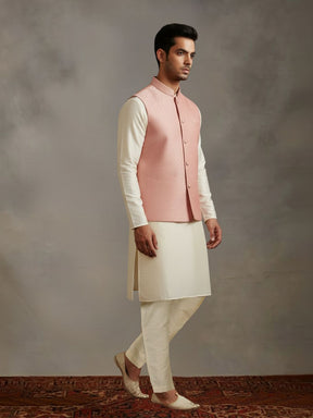 Beige Kurta Pant with pink Woven Design  Bandi Set