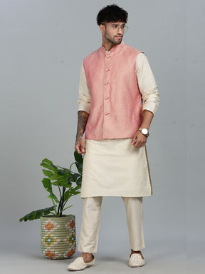 Beige Kurta Pant with pink Woven Design  Bandi Set