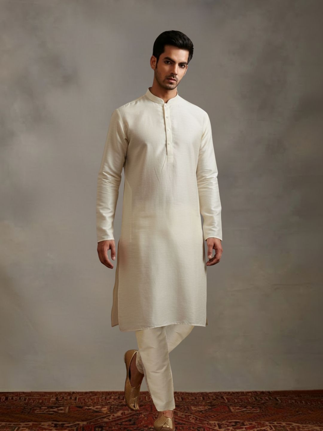 Beige Kurta Pant with pink Woven Design  Bandi Set