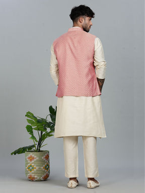 Beige Kurta Pant with pink Woven Design  Bandi Set