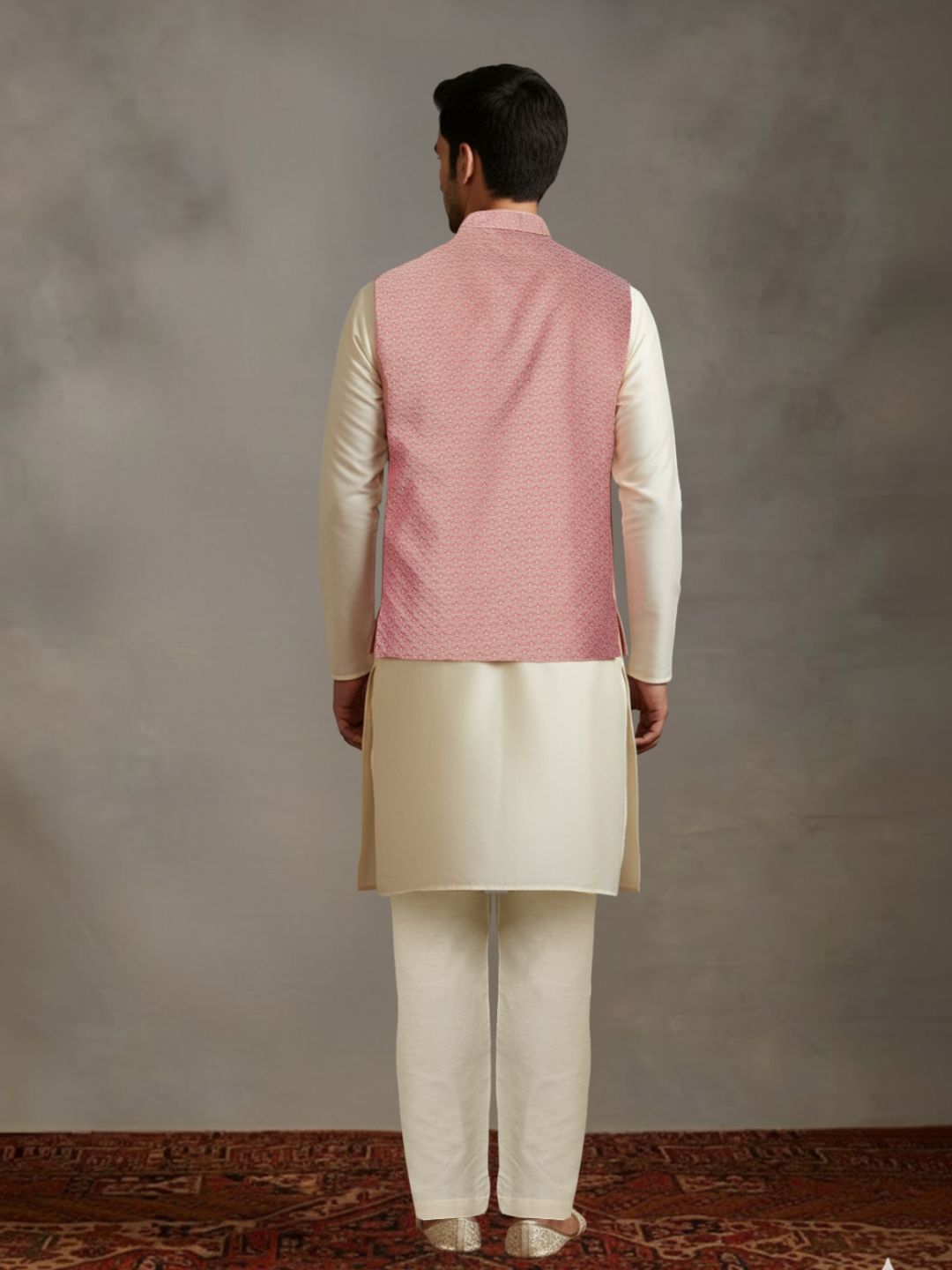 Beige Kurta Pant with pink Woven Design  Bandi Set