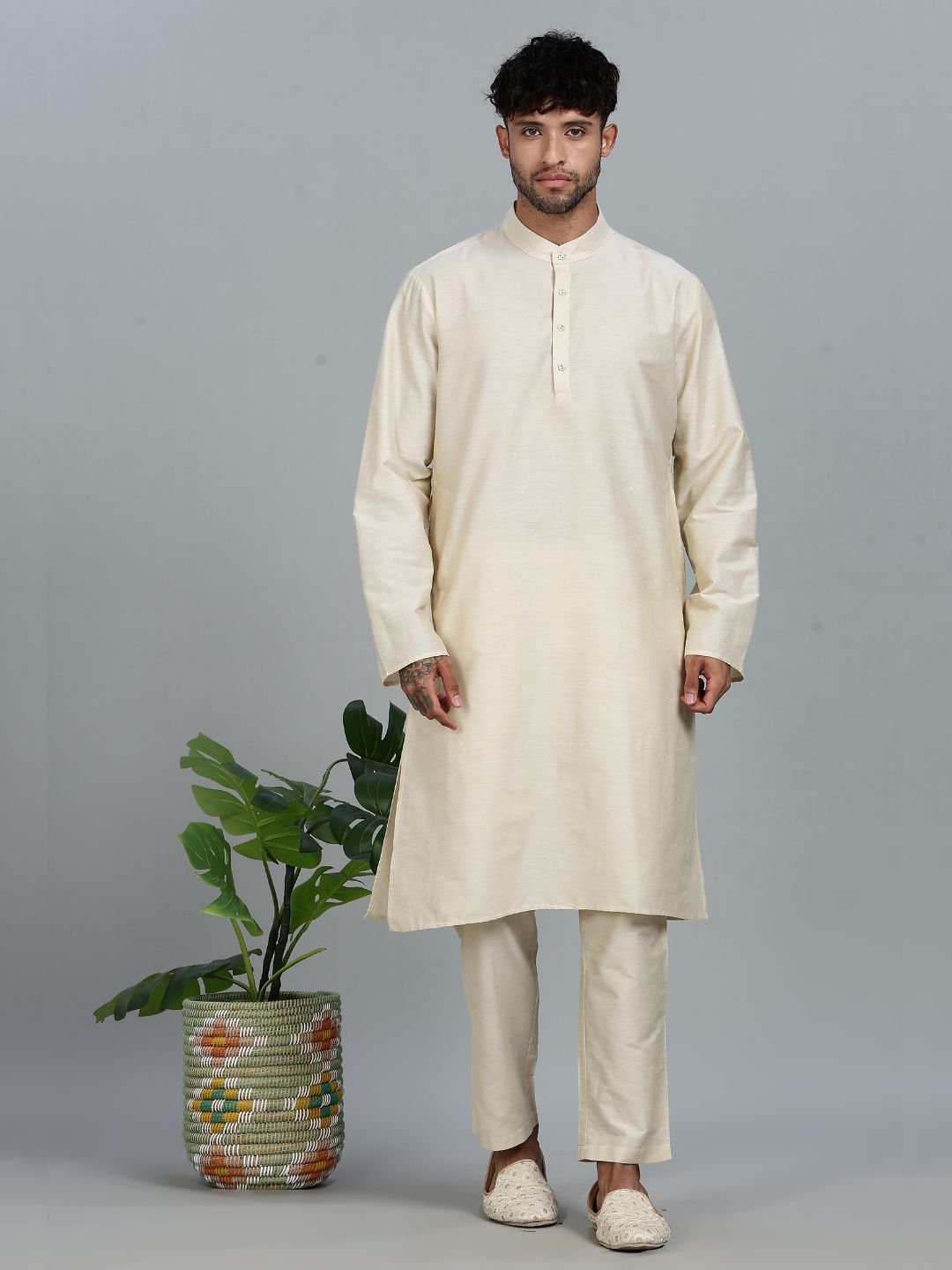 Beige Kurta Pant with pink Woven Design  Bandi Set