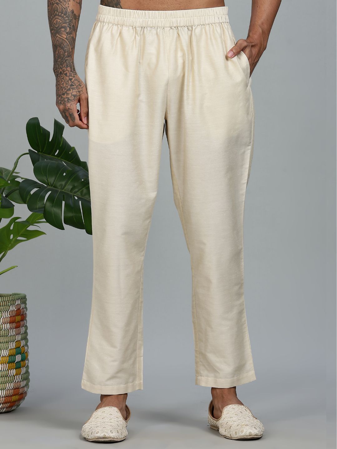 Beige Kurta Pant with pink Woven Design  Bandi Set