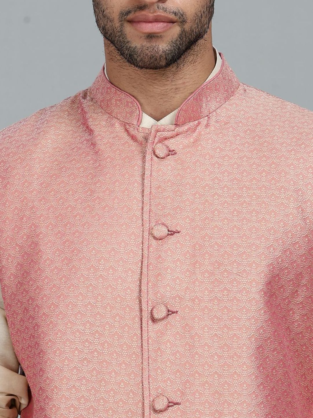 Beige Kurta Pant with pink Woven Design  Bandi Set