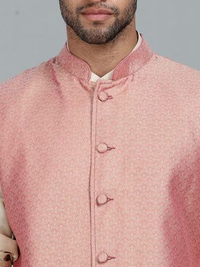 Beige Kurta Pant with pink Woven Design  Bandi Set