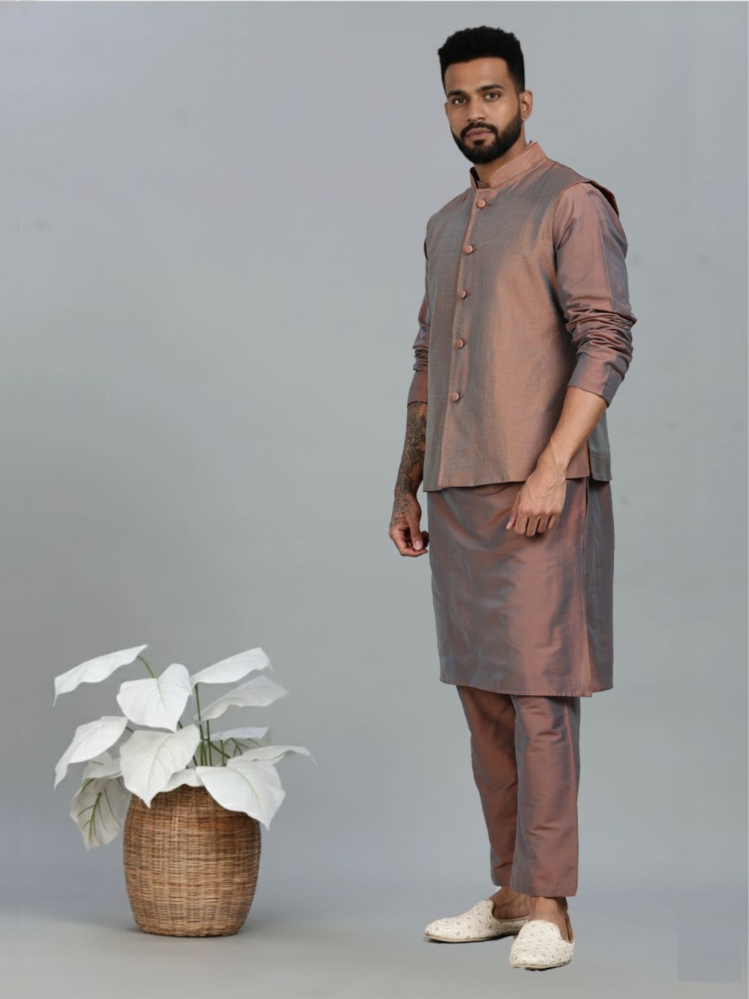 Brown Kurta Pant with orange Woven Design  Bandi Set
