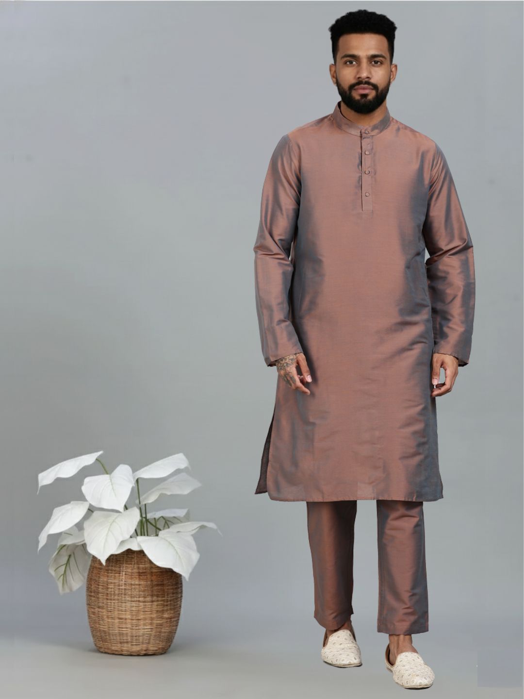 Brown Kurta Pant with orange Woven Design  Bandi Set