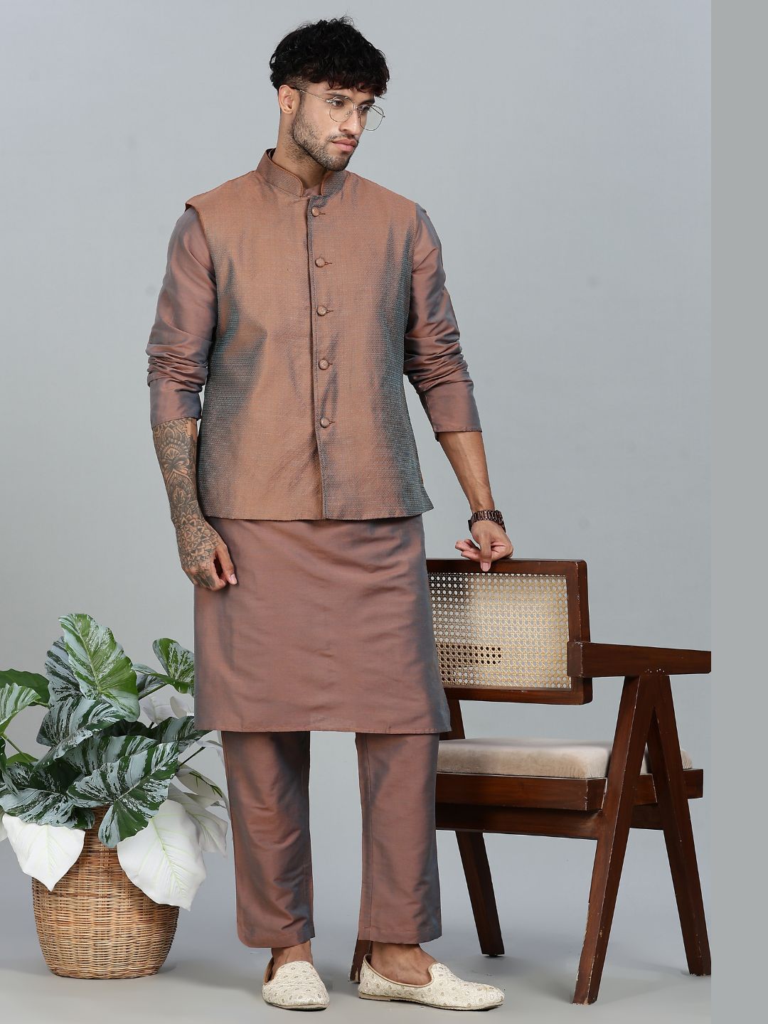 Brown Kurta Pant with orange Woven Design  Bandi Set